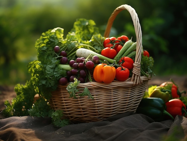 basket with fresh vegetables on a natural background