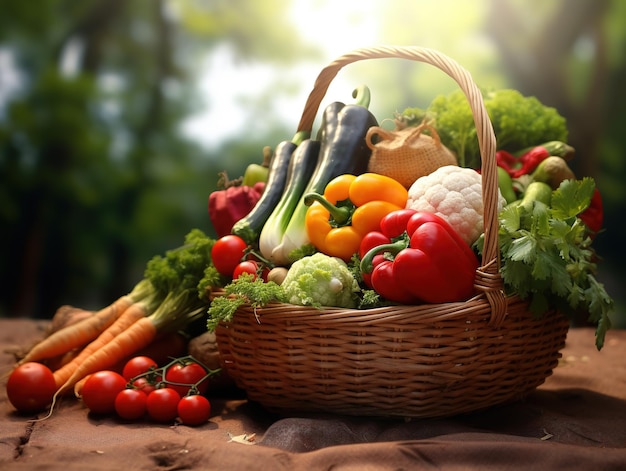 basket with fresh vegetables on a natural background