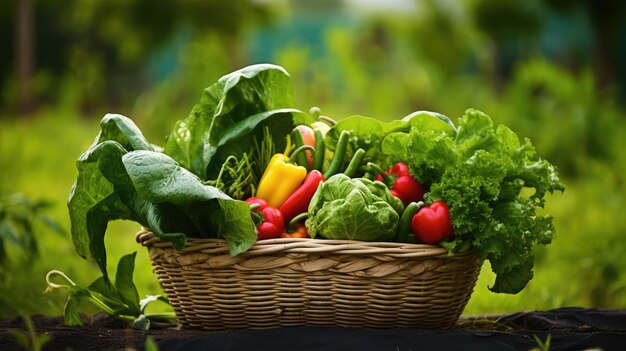 basket with fresh vegetables on wooden table in garden closeup