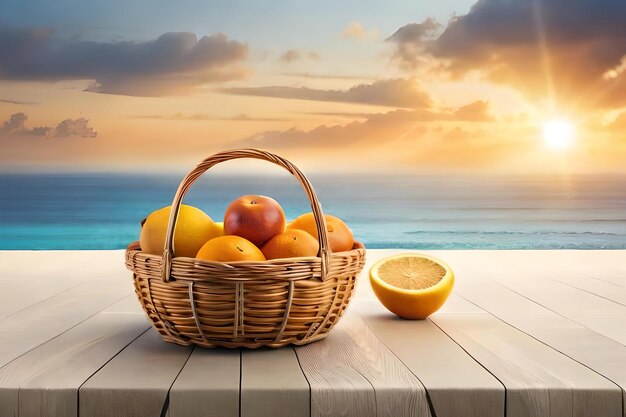 Basket with fruits and a sunset on the beach