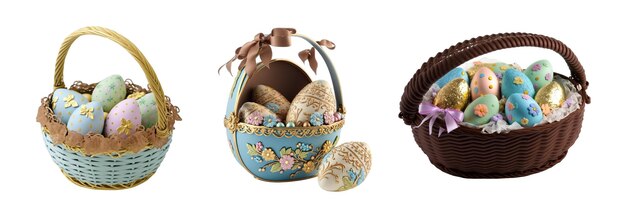 Photo basket with hand painted easter eggs on white background