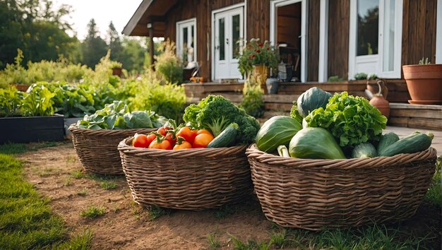 A basket with a harvest of fresh ecofriendly vegetables from the garden in the yard of the house Growing vegetable crops hobbies AI generated