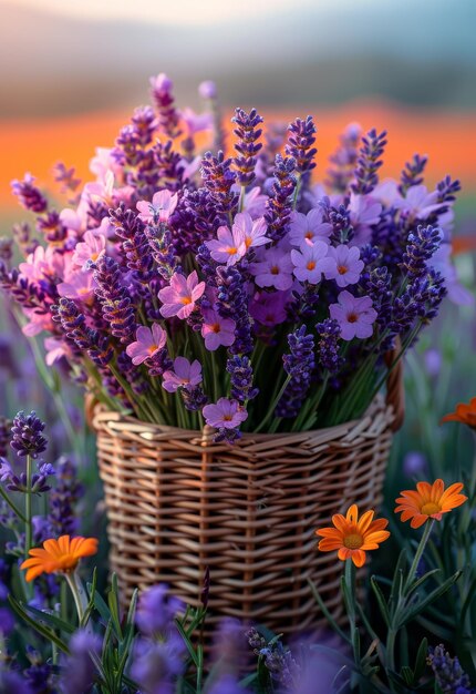 Basket with lavender and calendula flowers on field