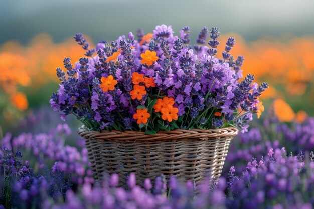 Basket with lavender and orange flowers on the field