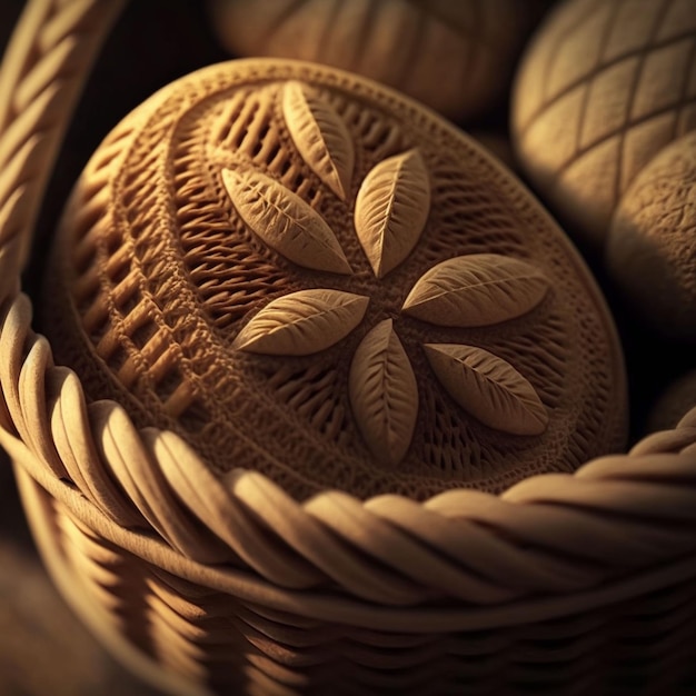 A basket with a leaf design on it