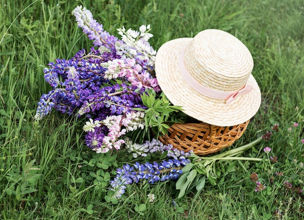 Basket with lupine flowers