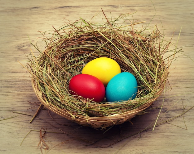 Basket with nest and colored eggs