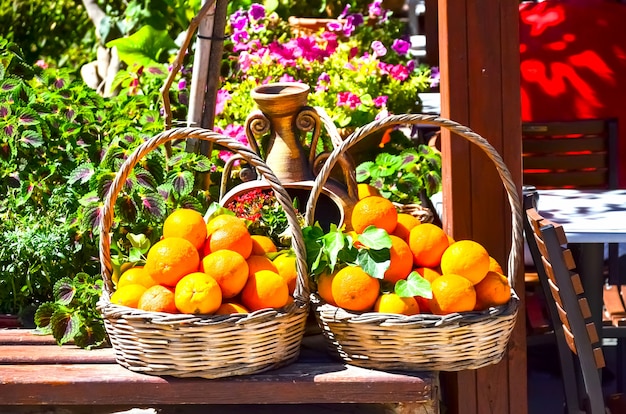 Basket with oranges near the entrance to the Museum of the Minotaur