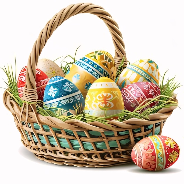 Basket with painted Easter eggs on a white background Vector illustration