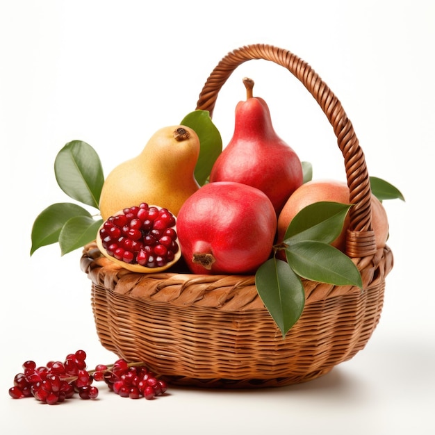 Basket with pears and pomegranates in a decorative frame isolated Generative AI