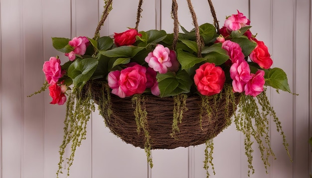 a basket with pink flowers and green leaves hanging from a white wall