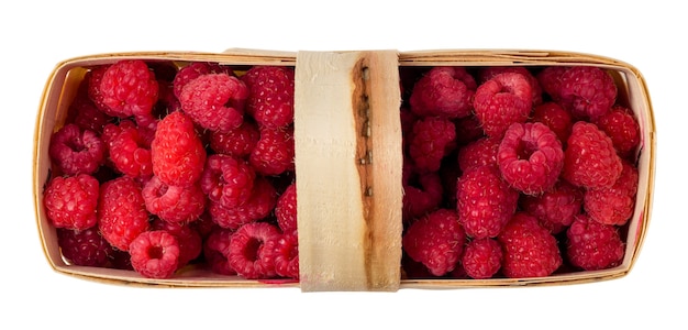 Basket with raspberries isolated on white background