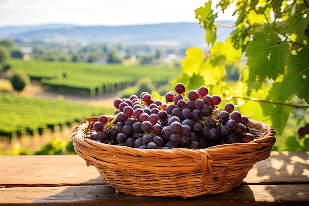 Basket with ripe grapes standing on the table beautiful view of vineyard on background