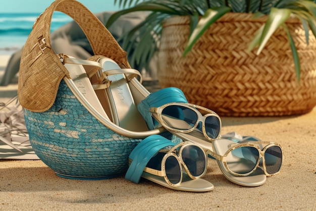 basket with sandals and sunglasses on the beach generative ai