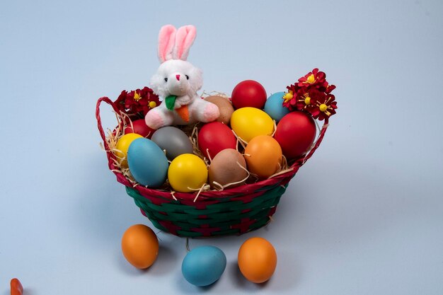 Basket with straw and eggs decorated for the celebration of Christian Easter