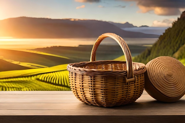 A basket with a straw hat sits on a table with a vineyard in the background.