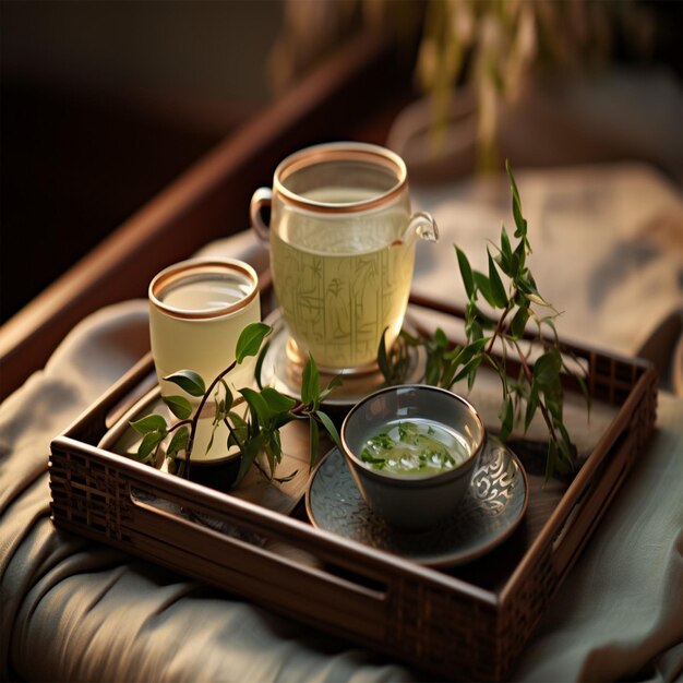 a basket with three cups of tea and a bowl of rice