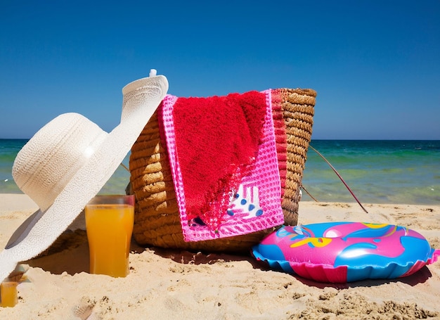 A basket with a towel and a glass of orange juice sits on a beach.