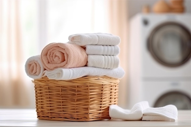 Basket with towels on wooden table in the laundry room with washing machine