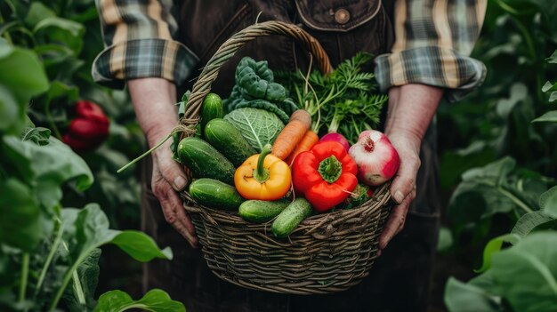 Basket with vegetables cabbage carrots cucumbers radish and peppers in the hands of a farmer background of nature Concept of biological bio products bio ecology grown by yourself vegetarians