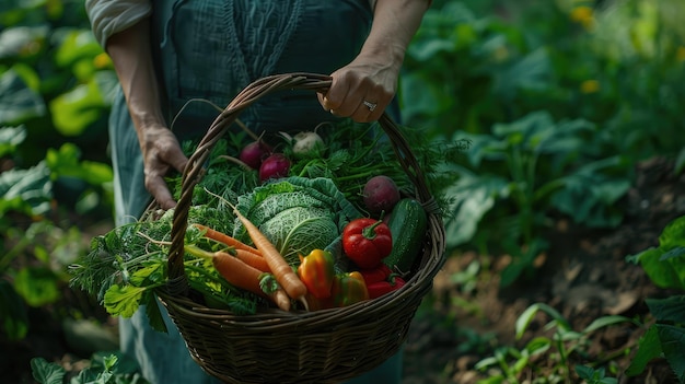 Basket with vegetables cabbage carrots cucumbers radish and peppers in the hands of a farmer background of nature Concept of biological bio products