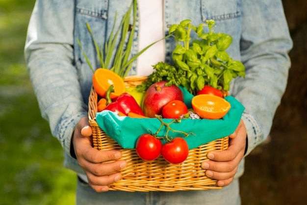 Basket with vegetables and fruits in the hands of a farmer background of nature. of healthy lifestyle