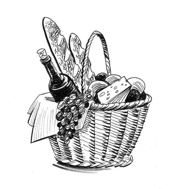 Basket with wine and food. Ink black and white drawing