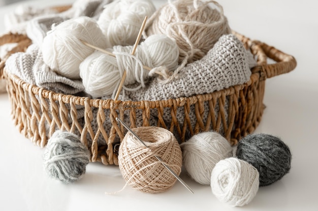 Basket with yarn closeup threads for knitting