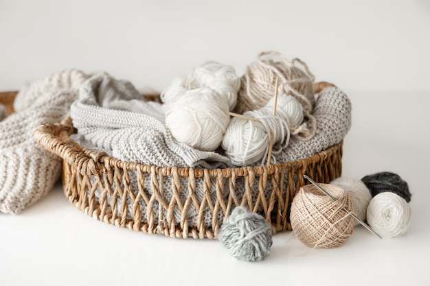 Basket with yarn closeup threads for knitting