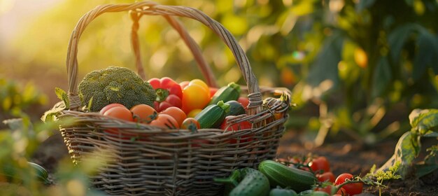 Photo basket with zucchini broccoli tomatoes peppers and cucumbers in the vegetable garden at sunset