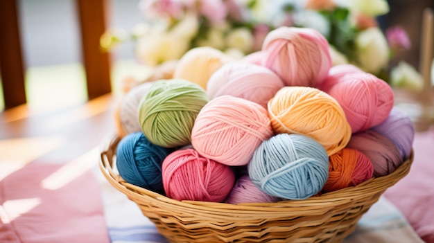 a basket of yarn sitting on a table