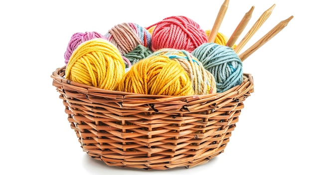 a basket of yarn with a wooden sticks in it