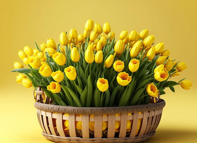 A basket of yellow tulips is on a yellow background.