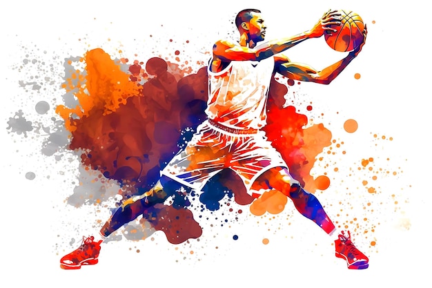 Basketbal aquarel splash speler in actie met een bal geïsoleerd op witte achtergrond Neuraal netwerk gegenereerde kunst