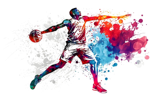 Basketbal aquarel splash speler in actie met een bal geïsoleerd op witte achtergrond Neuraal netwerk gegenereerde kunst