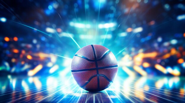 Basketbal bevroren middenscore tegen een achtergrond van dynamische stadionlichten