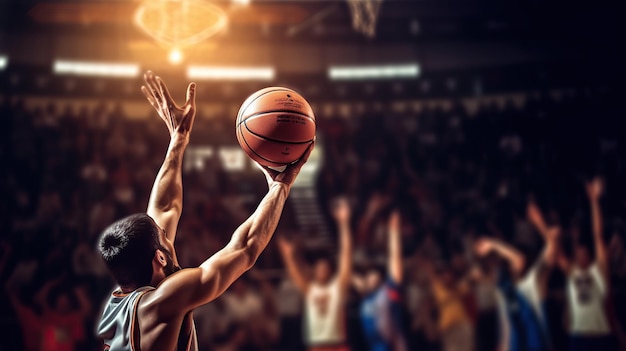 Basketbal bij de hand van speler die mand schiet in sportschool Generatieve AI