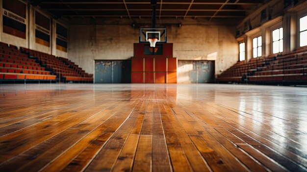 Basketbal in de sportarena Leeg binnenshuis basketbalveld Horizontale panoramische behang met kopieerruimte Generatieve AI