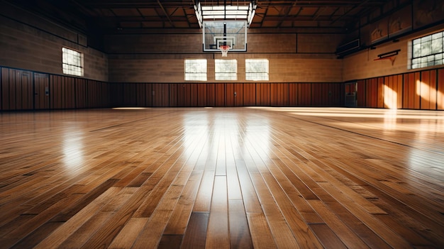 Basketbal in de sportarena Leeg binnenshuis basketbalveld Horizontale panoramische behang met kopieerruimte Generatieve AI