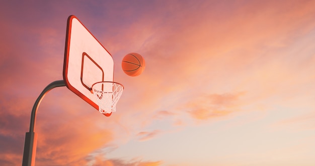 Basketbal-mand over een warme zonsondergang met wolken en de bal die in de hoepel valt. 3d-weergave