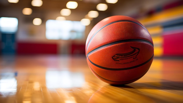 Basketbal op de parketvloer van een gymzaal of stadion Generatieve ai