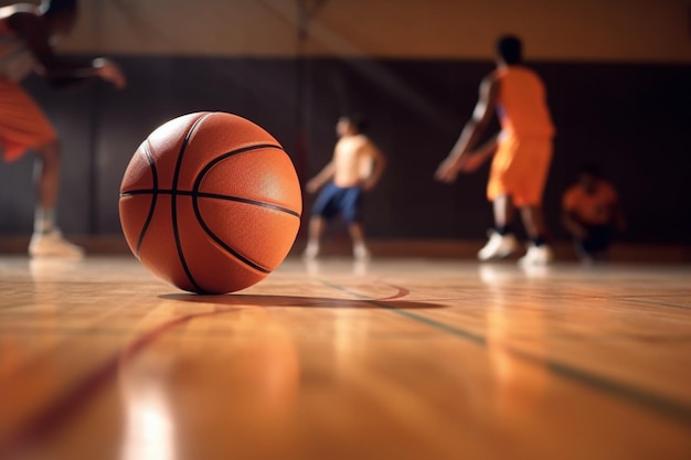 Basketbal opleiding spel achtergrond Basketbal op houten Hof vloer close-up met wazige spelers