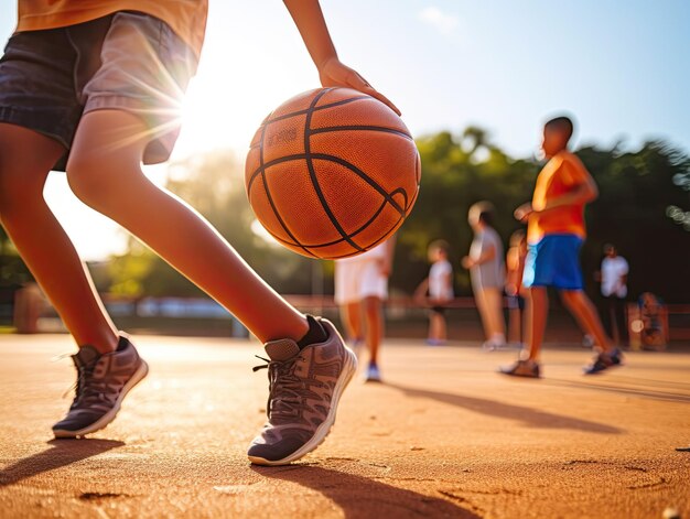 Basketbal spelen Closeup beeld van een bal in een kind39s hand