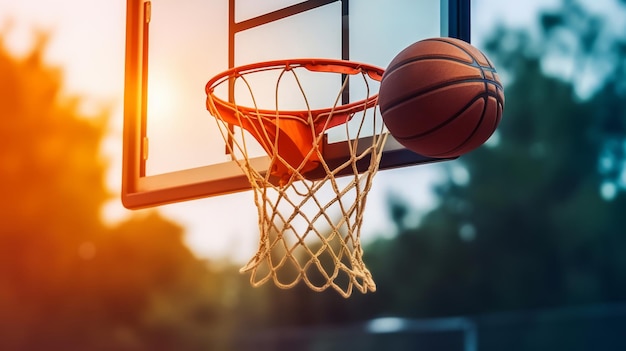 Basketbalbal en mand op basketbalhof met zonsondergang lichte achtergrond Generatieve AI