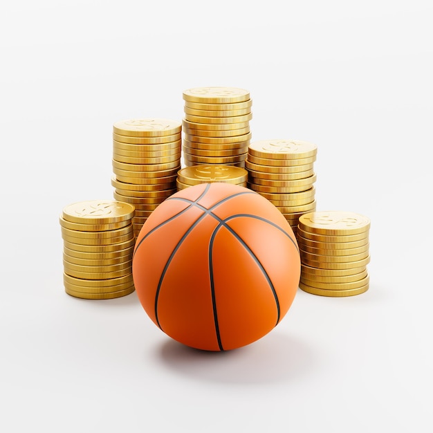 Basketbalbal voor stapels munten op lichtgrijze achtergrond