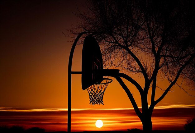 Basketbalhoop bij zonsondergang AI gegenereerd