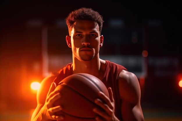 Basketball Athlete with Ball Under Lights