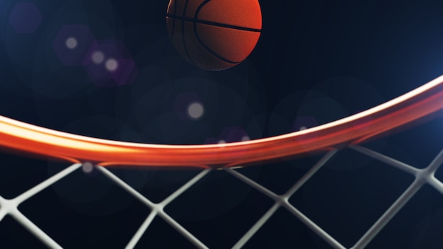 Basketball ball falling in a hoop