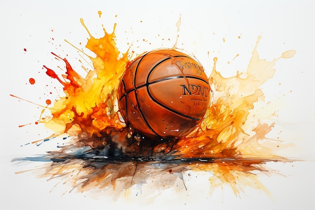 Basketball ball in fire drawn with watercolor isolated on background