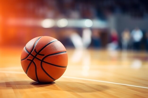 Basketball ball on the floor of a sports hall basketball court